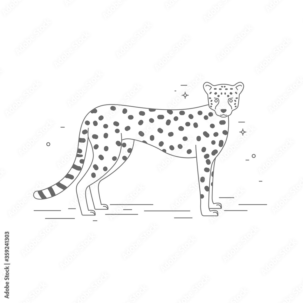Leopard vector black and white illustration in children's style. Line ...