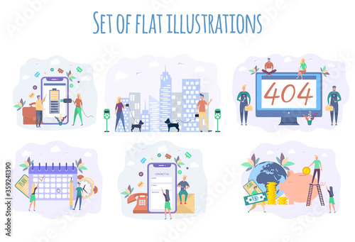 Set illustration. Error 404. People walk with dogs along the city street. Discharged power sources, various state of battery charging. Business Planning and Schedule.Contact us. Colorful vector
