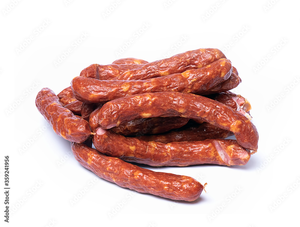 fragrant sausages smoked with fat on a white background fragrant sausages smoked with fat on a white background