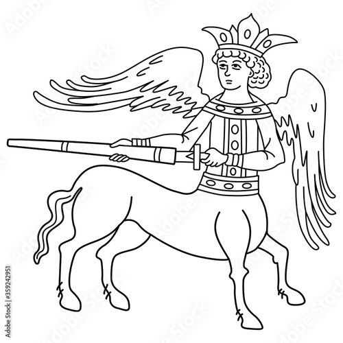  Fantastic old Russian winged centaur Kitovras with a sword. Based on ancient folk motif. Black and white linear silhouette.