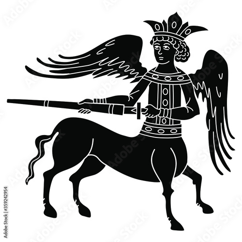 Fantastic old Russian winged centaur Kitovras with a sword. Based on ancient folk motif. Black and white silhouette.