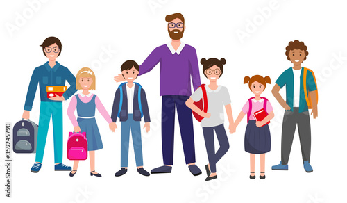 Group of standing pupils and teacher.