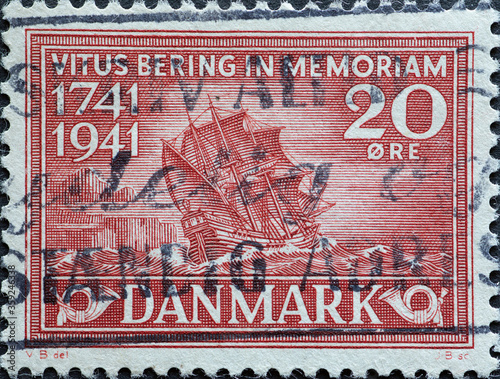 DENMARK - CIRCA 1941: A postage stamp from Denmark showing a historic sailing ship by Vitus Behring after the stranding on Bering Island photo