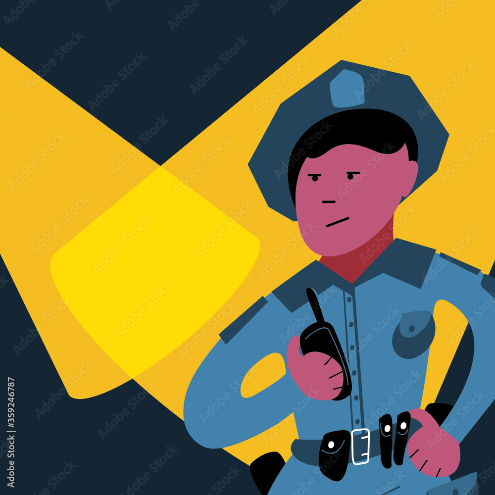 A policeman reports on the walkie-talkie about a night incident. Banner, poster. Policeman in uniform in the service in the spotlight. Cartoon vector illustration. A policeman reports on the walkie-talkie about a night incident. Banner, poster. Policeman in uniform in the service in the spotlight. Cartoon vector illustration.