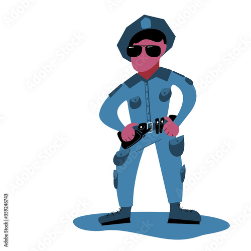 A policeman keeps order in his territory. Law enforcement agencies. Banner, poster. Policeman in uniform at the service. Cartoon vector illustration.