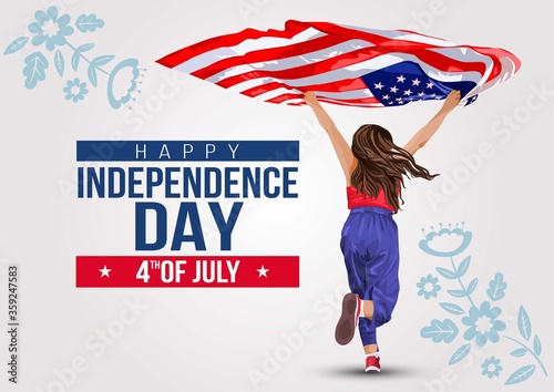 United States of America Happy Independence Day greeting card.girl running with American flag.vector illustration. photo