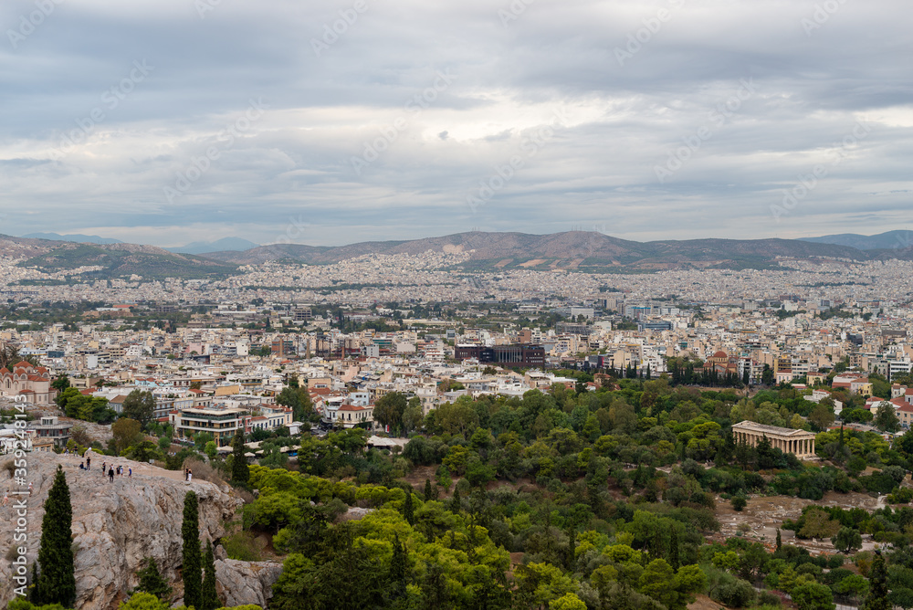 Areopagus Hill and Temple of Hefesto City of Athens, Greece view from sky, Bird Eye view, drone shot
