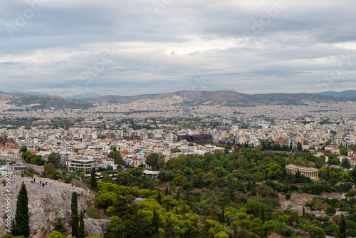 Areopagus Hill and Temple of Hefesto City of Athens, Greece view from sky, Bird Eye view, drone shot