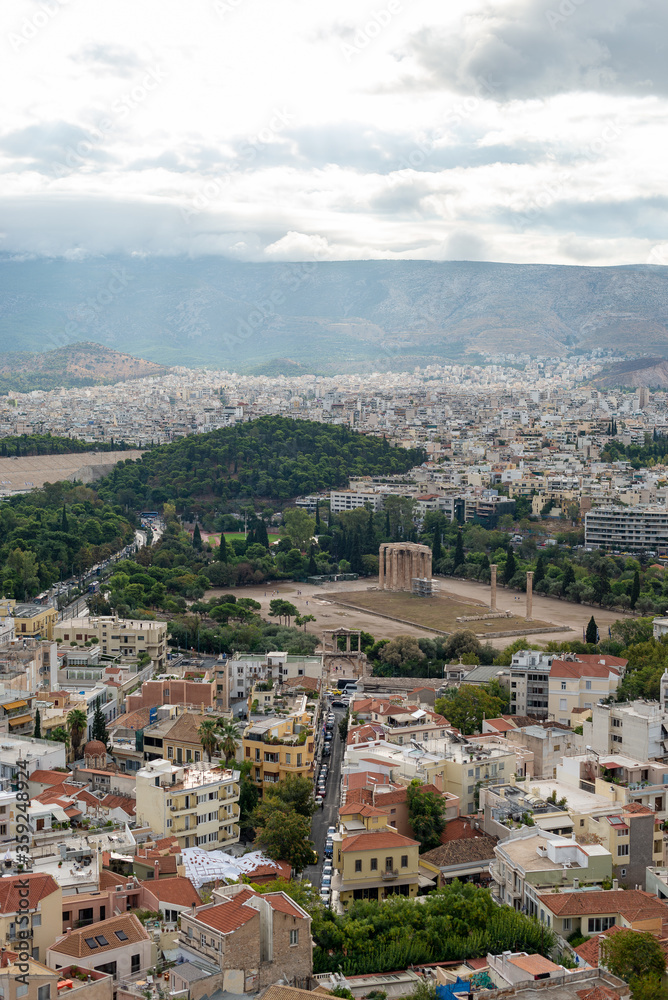 Temple of Olimpia God Zeus (Stili Olimpiou Dios) City of Athens and Arc of Adriano, Greece view from sky, Bird Eye view, drone shot