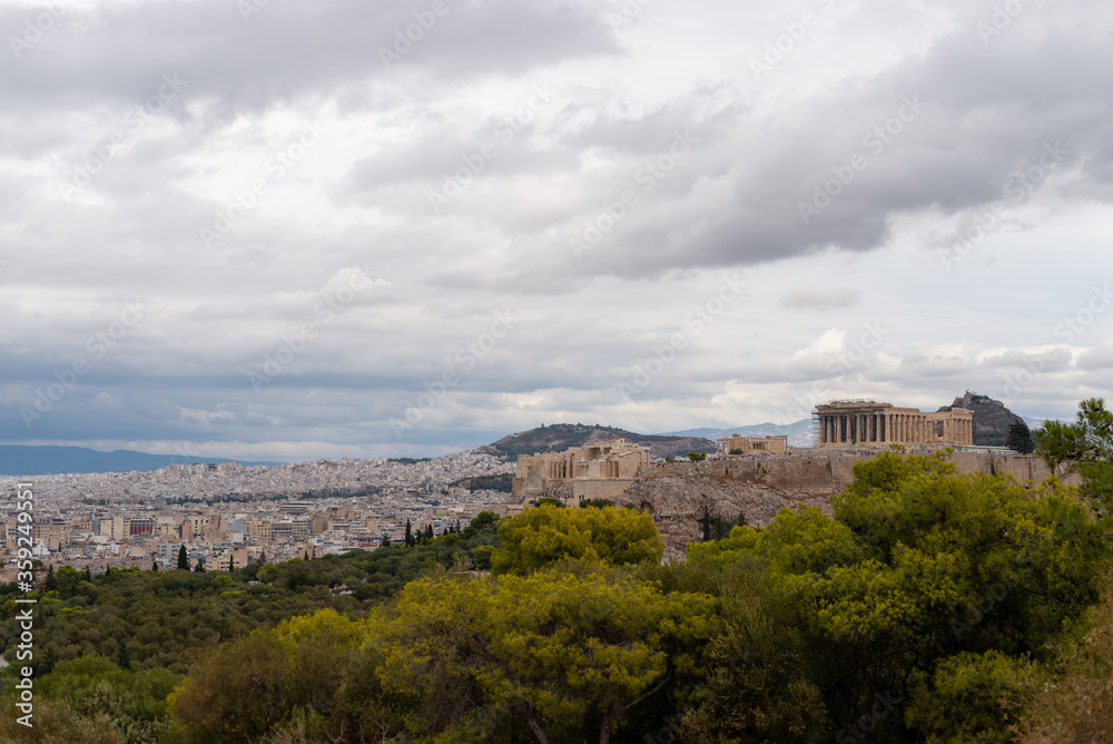 Acropolis seen from far away in autumn. Drone bird eye view style. Athens Greece most popular tourist place