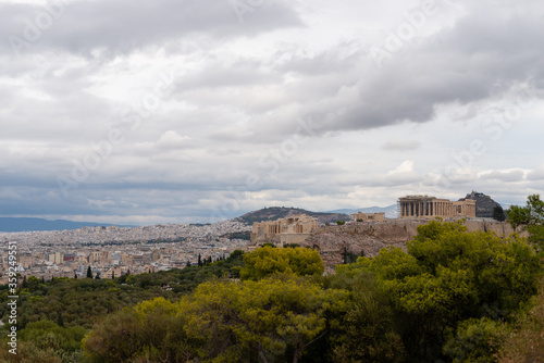 Acropolis seen from far away in autumn. Drone bird eye view style. Athens Greece most popular tourist place