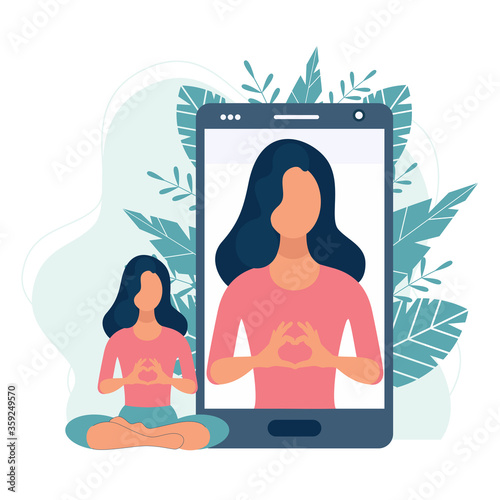 Online yoga concept with mobile. Screen with girl in yoga lotus practices meditation. Vector illustration in flat style