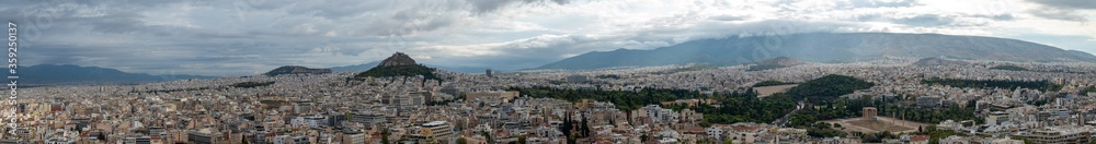 Panorama from the city of Athens, Greece. Bird eye drone style aerial shot.