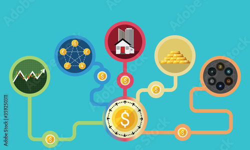 Business financial growth concept of diversification. Do not put all savings money in one basket. Allocating in 5 sources. Vector of stock market, forex, real estate, gold & cryptocurrency investments