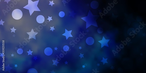 Dark Purple vector layout with circles, stars. Abstract illustration with colorful spots, stars. Pattern for trendy fabric, wallpapers.