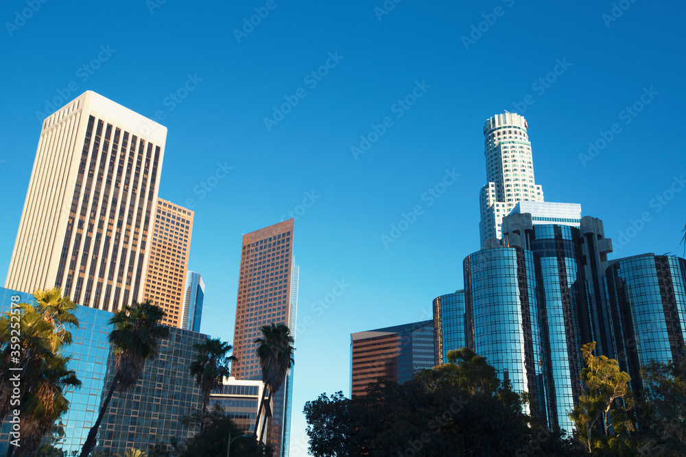 View of a Downtown Los Angeles skyscrapers at sunset