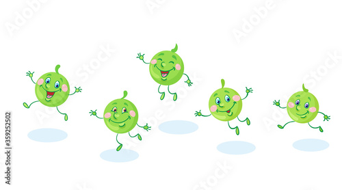 Five funny peas are jumping. In cartoon style. Isolated on white background. Vector flat illustration.