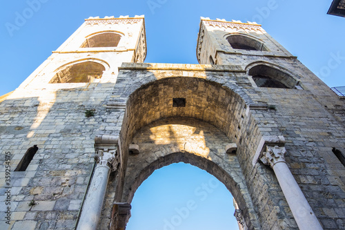 Genoa, Italy - August 18, 2019: Inside view of Porta Soprana or Saint Andrew's Gate in Genoa, Italy