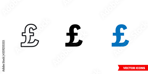 Pound sterling icon of 3 types. Isolated vector sign symbol.