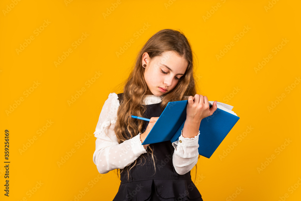 Study today. Little child write in study book. Small girl do study records. School and education. Private lesson. Improving her study skills, copy space Study today. Little child write in study book. Small girl do study records. School and education. Private lesson. Improving her study skills, copy space