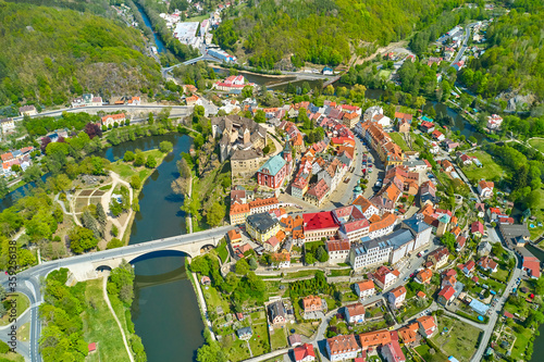 Photography Panoramic view on a small Czech town around Locket castle and river Ohri, near Karlovy Vary, Czech Republic