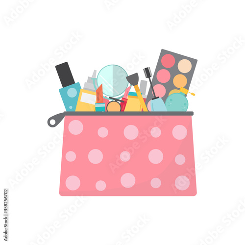 Make up bag full of cosmetics. Vector illustration