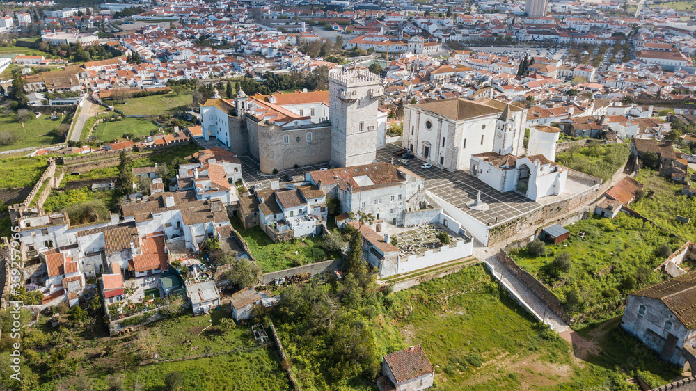 Aerial view of the historic center of Estremoz, Portugal. Estremoz Castle and beautiful architectural ensemble