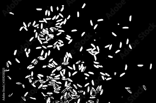 White rice random pattern background. Rice seeds on white background. Silhouette of flakes, spread on the flat surface or table. Top view. Vector.