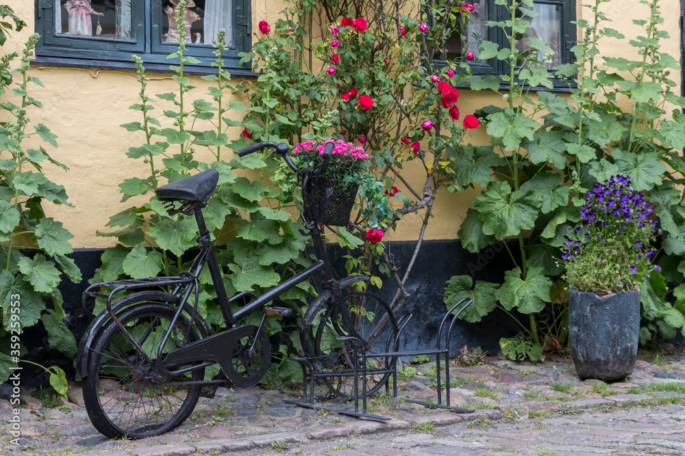 Classic bicycle standing next to the wall. Bicycle leaned on the wall. Basket on the bicycle.