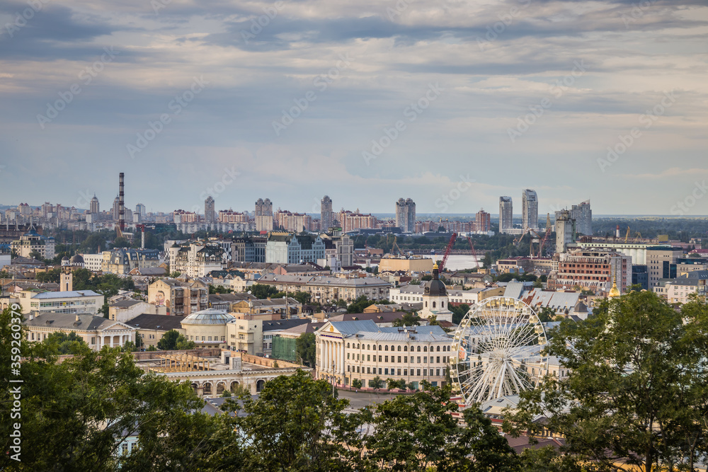 Beautiful view of the old and new districts of Kyiv. View on Podol and Oboblon, Kyiv, Ukraine