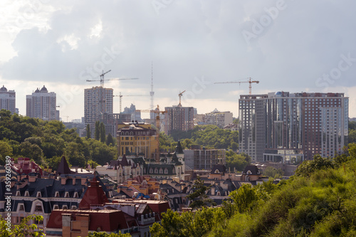 Beautiful view of residential complex "Podol grad" and building a new high teck districts of Kyiv, Ukraine