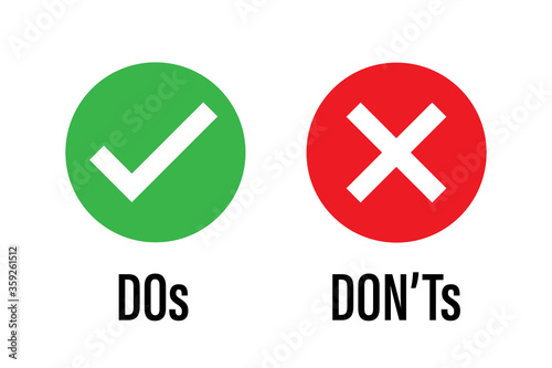 do dont icon. good true dos and bad false donts. like unlike error. green red circles on white backgrounds. okay fail sign. ok negative incorrect correct. social accept. approved positive. photo