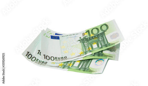 One hundred euro banknotes on white background