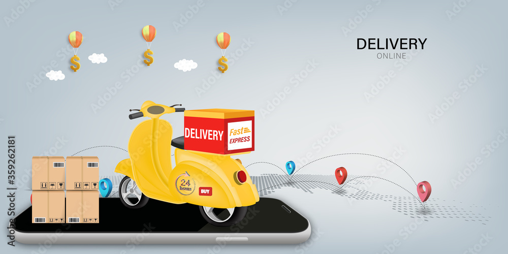 Obraz premium Fast delivery by scooter on mobile. E-commerce online concept. Online food order infographic. Webpage, app design. vector illustration.