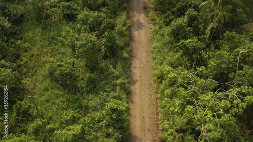 Aerial view of endless green forestal area, constructions and dirt road in Ecuador at daytime. Drone Amazon Rainforest cloudy sky.