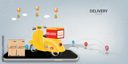 Fast delivery by scooter on mobile. E-commerce online concept. Online food order infographic. Webpage, app design. vector illustration.
