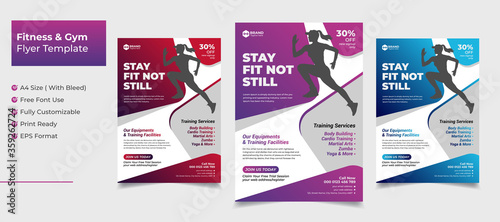 Creative abstract fitness and gym flyer template with red pink blue gradient color variation