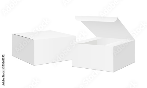 Two square packaging boxes with opened and closed lid mockup, isolated on white background. Vector illustration