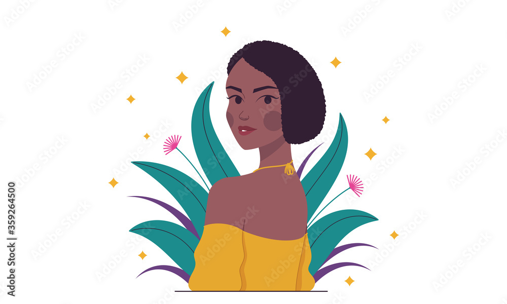 African fashion woman, minimalist style. Brazilian lady among tropical plants, herbs, leaves