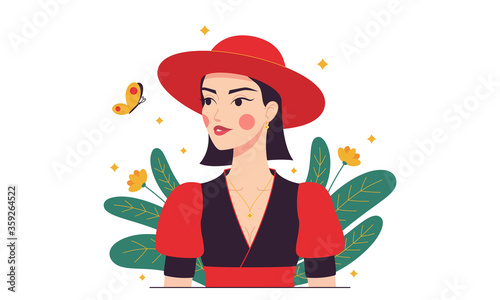 Fashion woman with red hat, minimalist style. Cartoon Lady in red with butterfly in the garden
