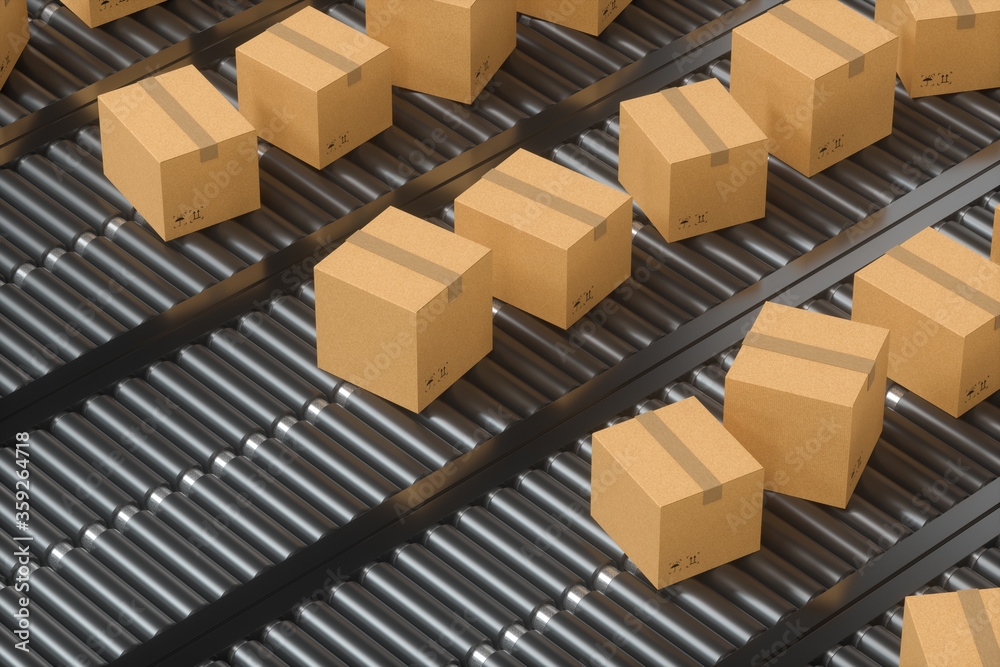 Transportation of the container box on the conveyer belt, 3d rendering Transportation of the container box on the conveyer belt, 3d rendering