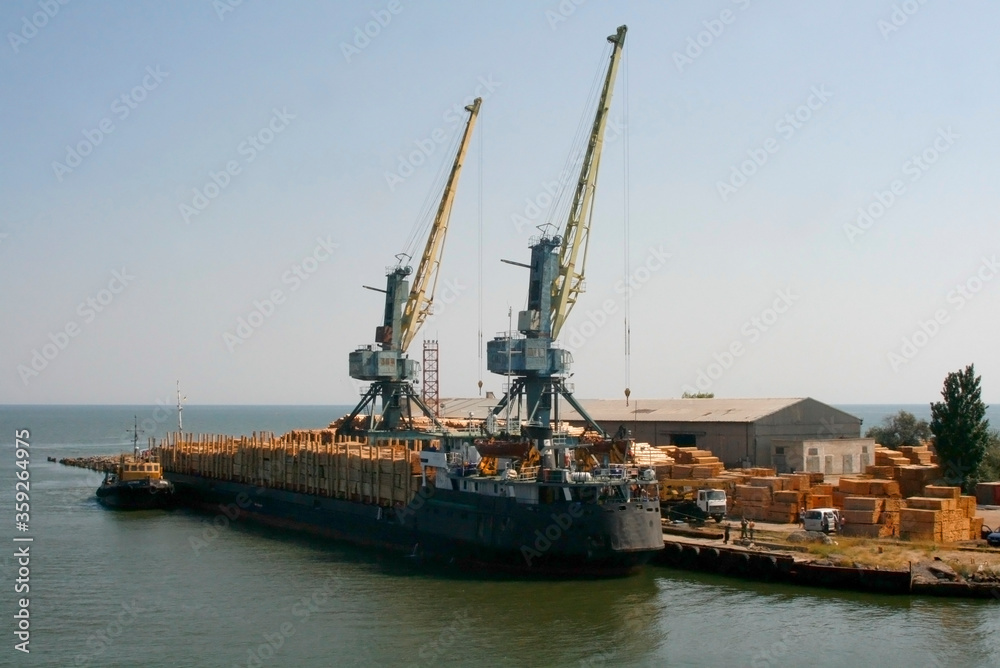 Loading a dry cargo ship with wood at the port