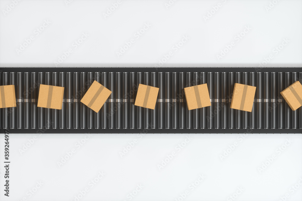 Transportation of the container box on the conveyer belt, 3d rendering Transportation of the container box on the conveyer belt, 3d rendering