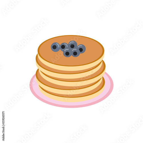 pancake with blueberries on a plate in vector flat style, single element for design. food, american dessert