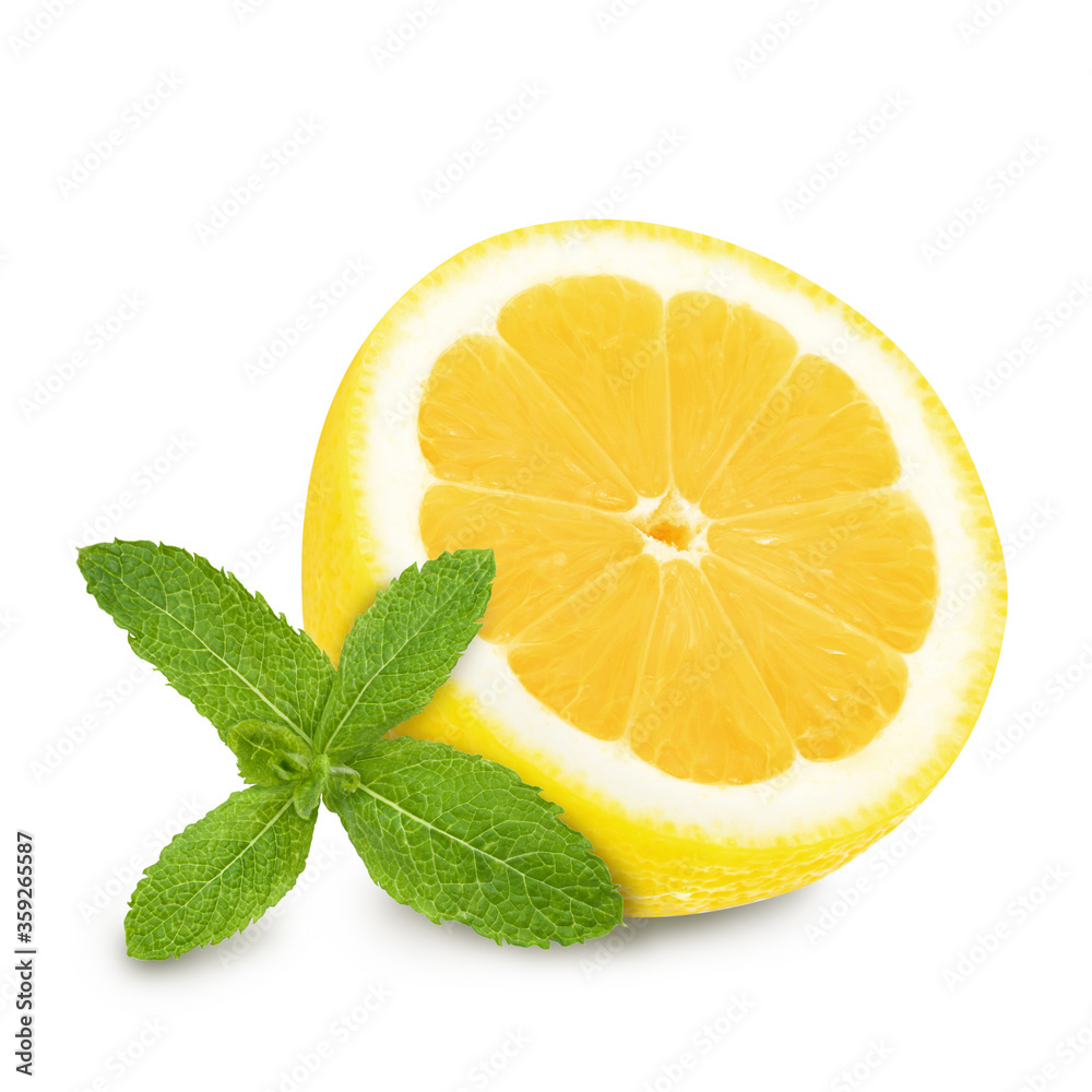 Juicy yellow lemon half sections with sprig of green mint isolated on a white background. Design element for product label, catalog print, web use. Juicy yellow lemon half sections with sprig of green mint isolated on a white background. Design element for product label, catalog print, web use.