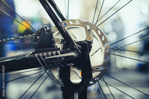 Mountain bike wheel with disc brake close up.