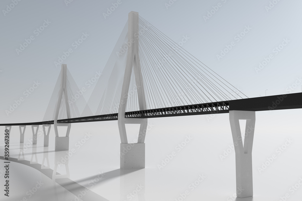Suspension bridge with white bridge, 3d rendering