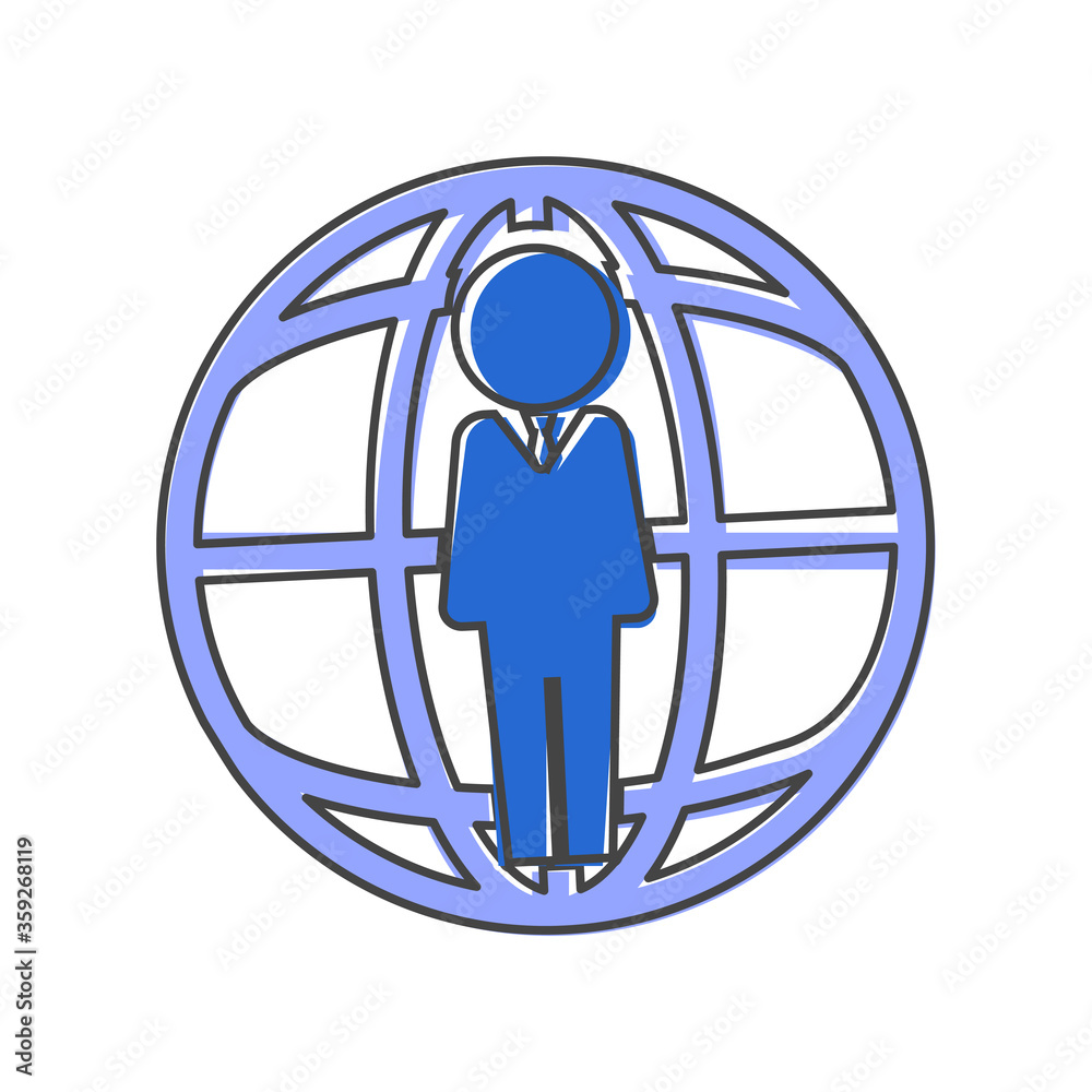 Vector business icon people standing next to a worldwide network. World global leadership cartoon style on white isolated background. Vector business icon people standing next to a worldwide network. World global leadership cartoon style on white isolated background.