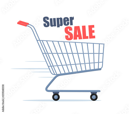Shopping cart with text Super Sale. Trolley Icon. Simple vector sign, trendy symbol for design, websites, presentation, mobile application. Symbol of trade, purchases, sales. Vector illustration.