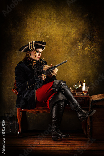 Portrait of a privateer cleaning his musket gun, sitting in his cabin